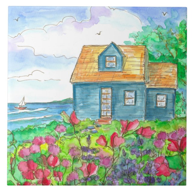 Sailing Seaside Cottage Sweet Peas Ceramic Tile (Front)
