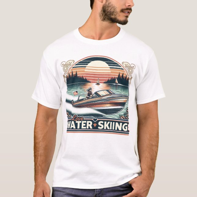 Sailing Serenity: Man Steering Boat Across Lake T-Shirt (Front)
