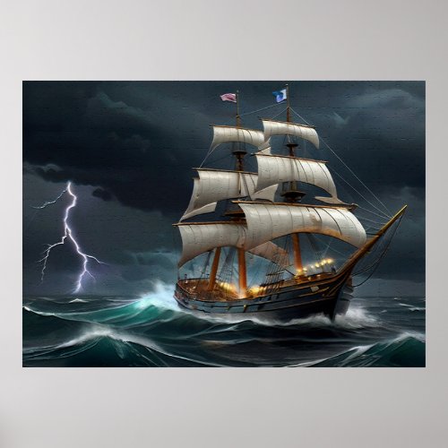 Sailing Ship and Lightning Art Poster