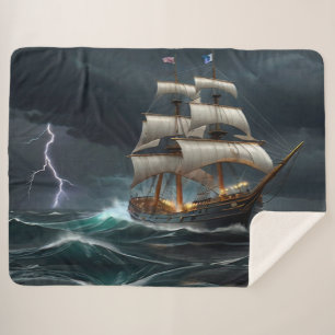 Sailing Ship and Lightning Art Sherpa Blanket