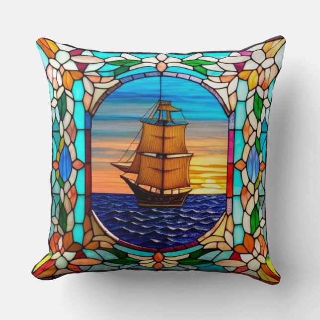 Sailing Ship at Sunset Throw Pillow (Front)