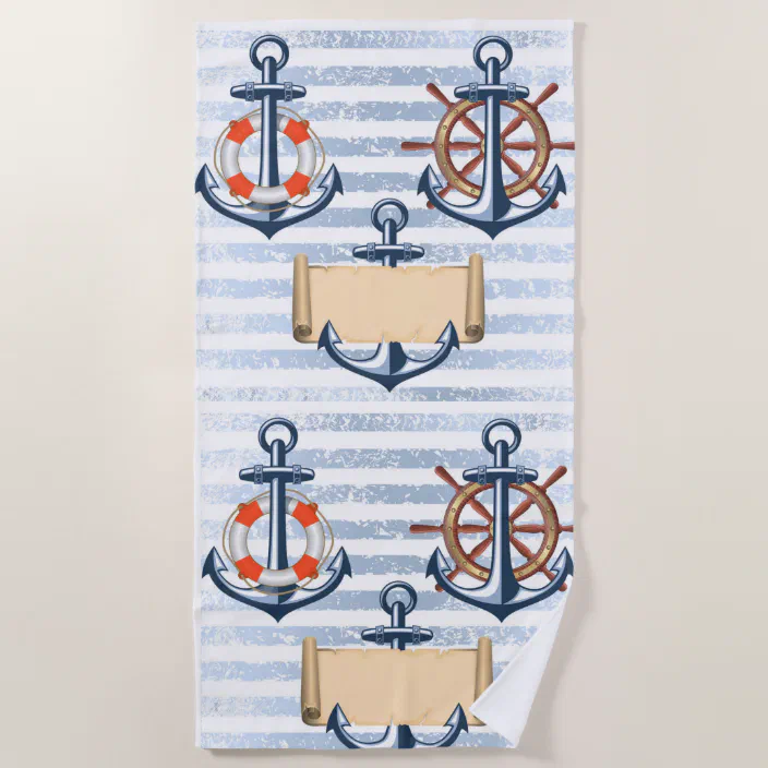 Nautical Sea Ship Rudder Anchor Flower Striped Zigzags Large Swim Beach Towel 