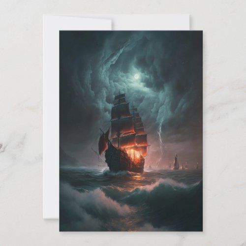 Sailing Ship Fighting Waves And Storm In The Sea Invitation