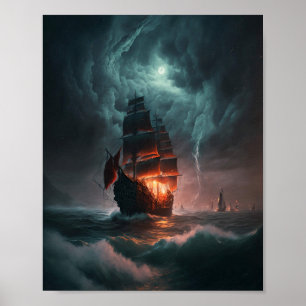 Sailing Ship Fighting Waves And Storm In The Sea Poster