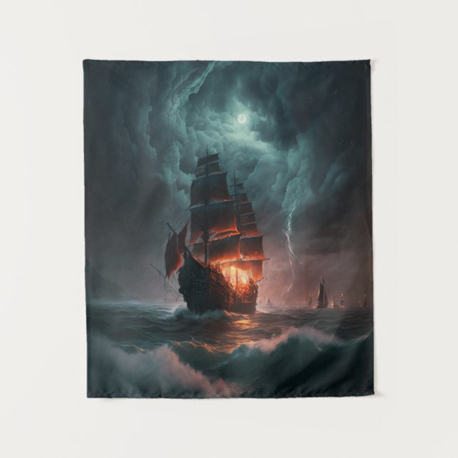 Sailing Ship Fighting Waves And Storm In The Sea Tapestry (Front)