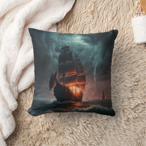 Sailing Ship Fighting Waves And Storm In The Sea Throw Pillow