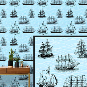 Sailing Ship Illustrations on Blue Waves Wallpaper