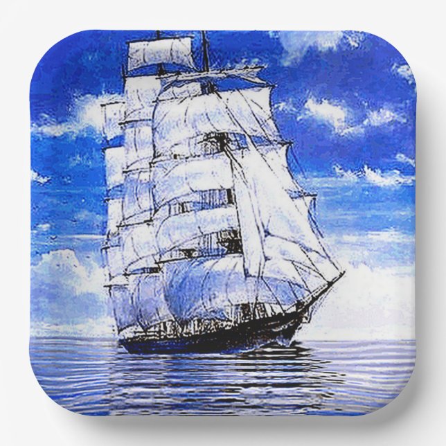 SAILING SHIP IN BLUE WATERS PAPER PLATES (Front)