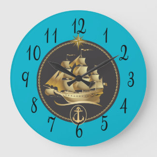 Sailing Ship in Gold and Black Large Clock