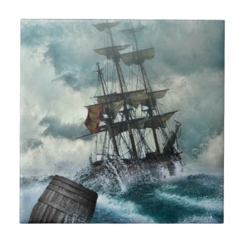 Sailing Ship In Storm Illustration Tile by biutiful at Zazzle