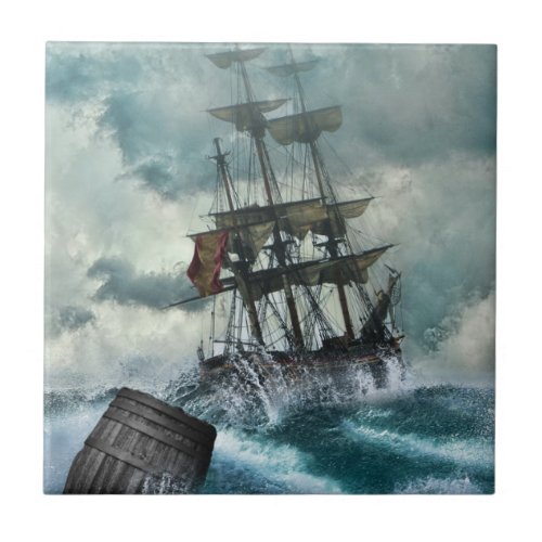 Sailing Ship in Storm Illustration Tile
