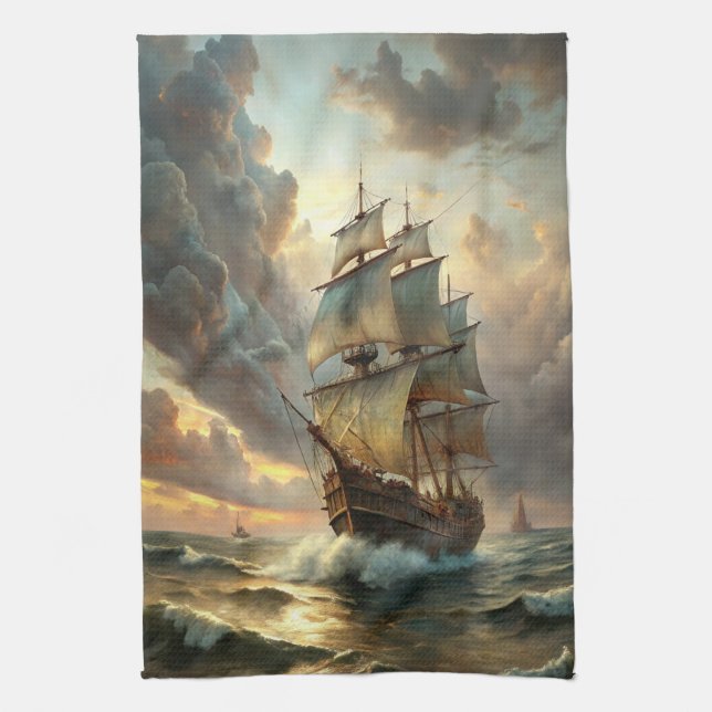 Sailing Ship in the Ocean Kitchen Towel (Vertical)