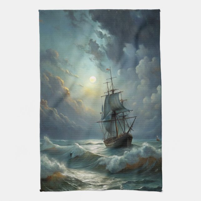 Sailing Ship in the Ocean Kitchen Towel (Vertical)