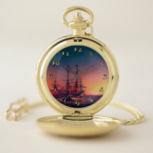 Sailing Ship into the Sunset Pocket Watch