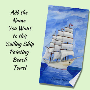 Sailing Ship on Blue Ocean Sea - Add Your Name - Beach Towel