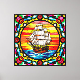 Sailing Ship on Open Sea at Sunset Canvas Print