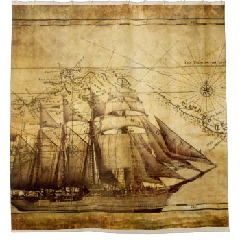 Sailing Ship On Parchment Shower Curtain by Strangeart2015 at Zazzle