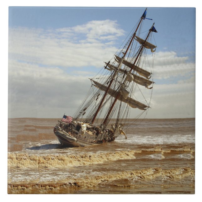 SAILING SHIP ON THE BEACH CERAMIC TILE (Front)