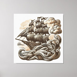 Sailing Ship on the Open Sea - Vintage Engraved Canvas Print