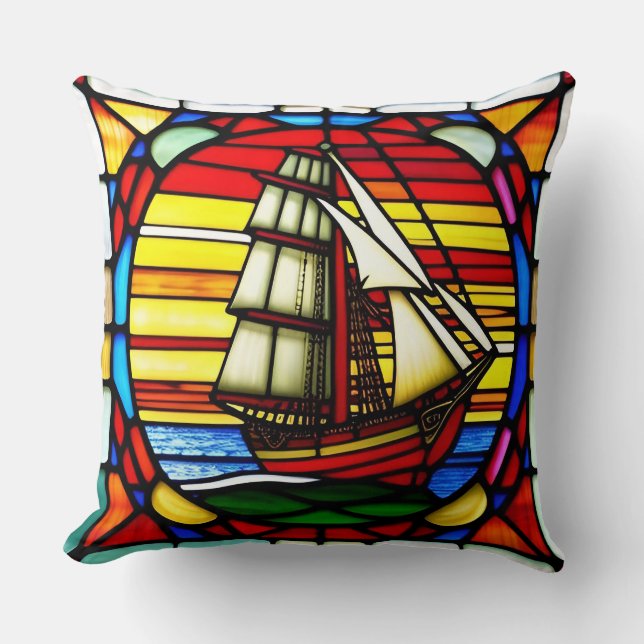 Sailing Ship Over Ocean Waves Throw Pillow (Front)