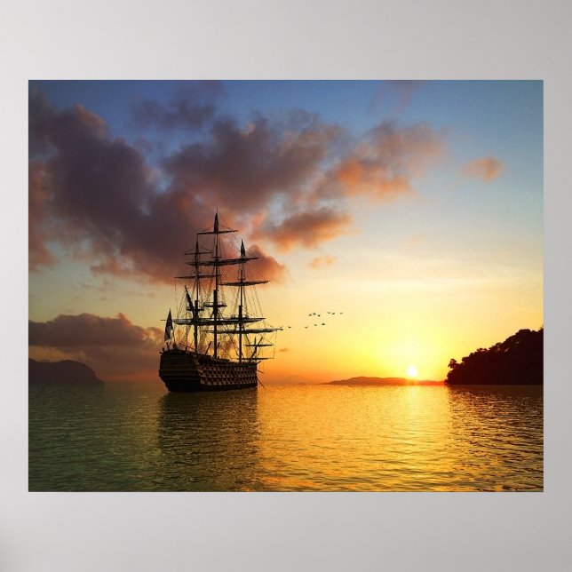 Sailing ship sail on summer sunset, romantic photo poster (Front)