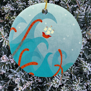 Sailing Ship Sea Monster Ceramic Ornament