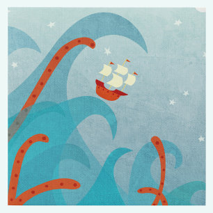 Sailing Ship Sea Monster Faux Canvas Print