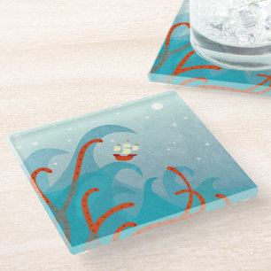 Sailing Ship Sea Monster Glass Coaster