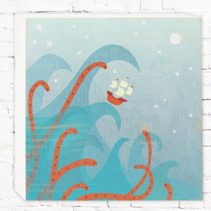 Sailing Ship Sea Monster Wooden Box Sign