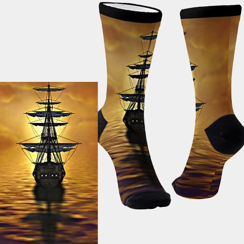 Sailing Ship Sunset Seas  Orange Sky Socks