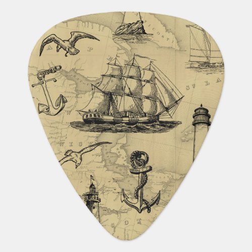 Sailing Ship Vintage Nautical Old Map  Guitar Pick