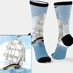 Sailing Ship Waves at Sea Illustration Light Blue Socks