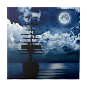 sailing ship with full moon ceramic tile