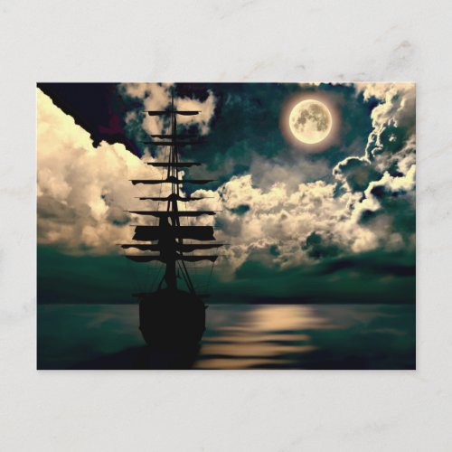 sailing ship with full moon postcard