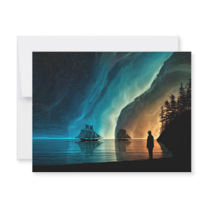 Sailing ships, Northern Lights, rocky shoreline Postcard