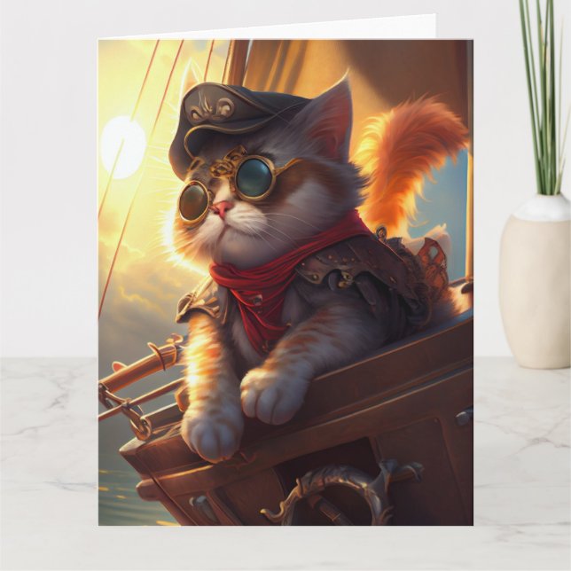 Sailing Steampunk Pirate Cat Card (Front)