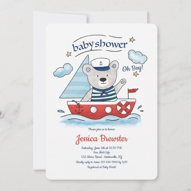 Sailing Teddy Bear Baby Shower Invitation (Front)
