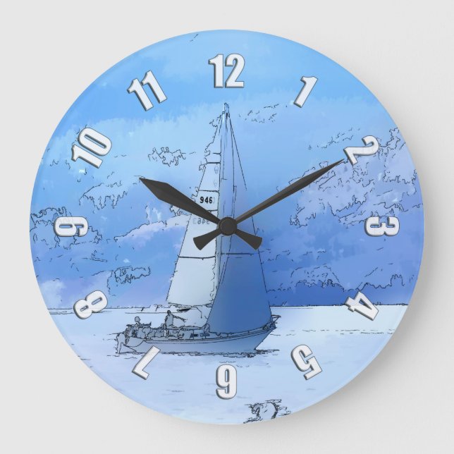 Sailing the Calm Blue Waters - Sailboating Large Clock (Front)