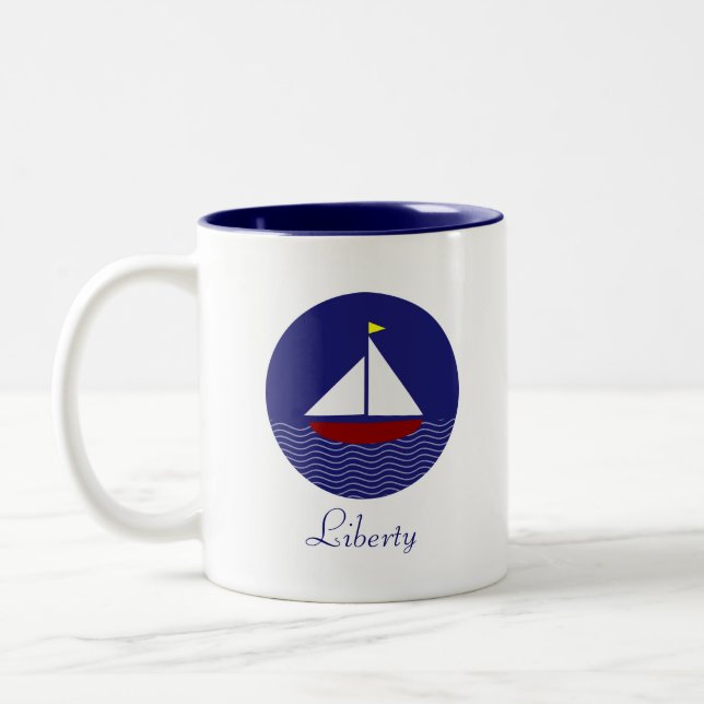 Sailing Yacht & Liberty Calligraphy Two-Tone Coffee Mug (Left)