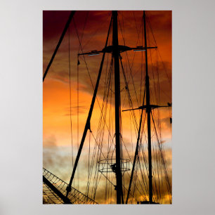 Sailing yacht mast at sunse background poster