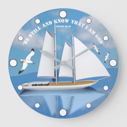 Sailing Yacht on Calm Water with Soaring Seagulls Large Clock