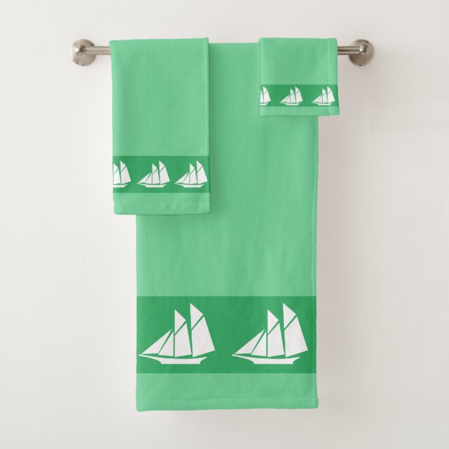 Sailing Yacht on Green Bath Towel Set (Insitu)