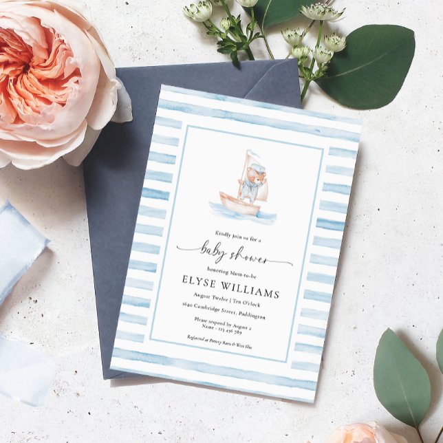 Sailor Bear Blue Stripe Baby Shower Invitation (Creator Uploaded)