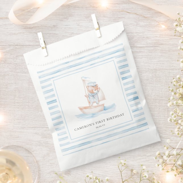 Sailor Bear Blue Stripe Birthday Favor Bag (Clipped)