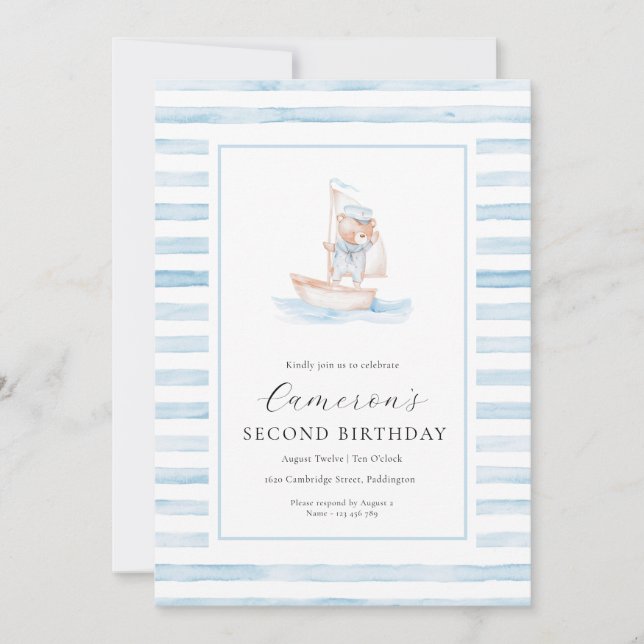 Sailor Bear Blue Stripe Birthday Invitation (Front)