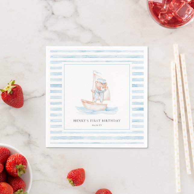 Sailor Bear Blue Stripe Birthday Napkins (Insitu)
