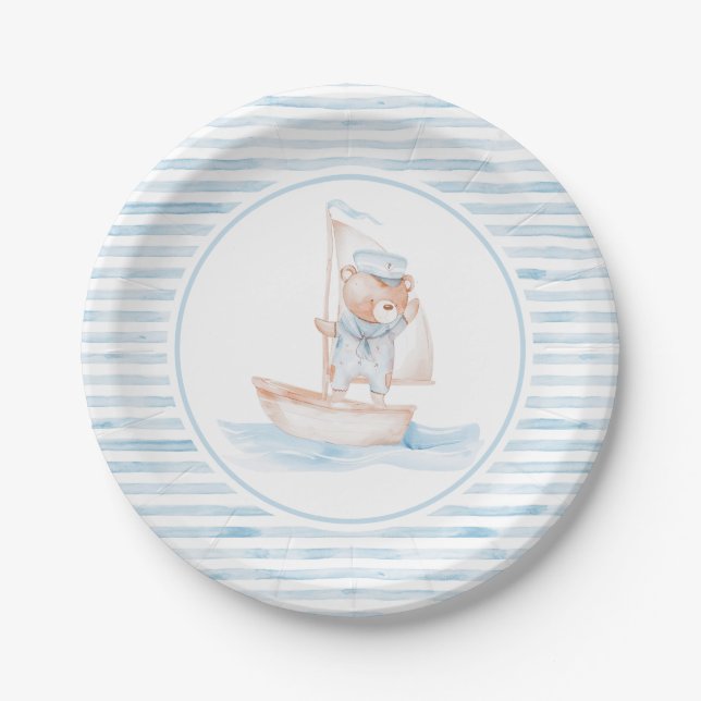 Sailor Bear Blue Stripe Birthday Paper Plates (Front)
