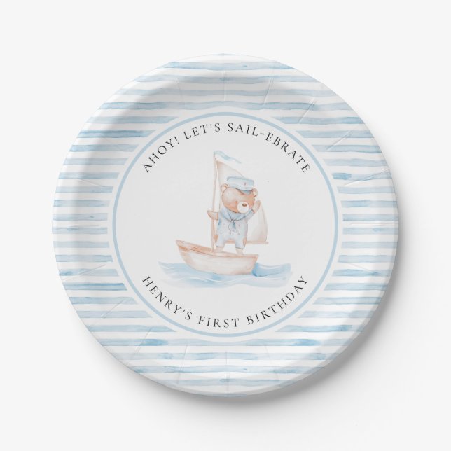 Sailor Bear Blue Stripe Birthday Paper Plates (Front)
