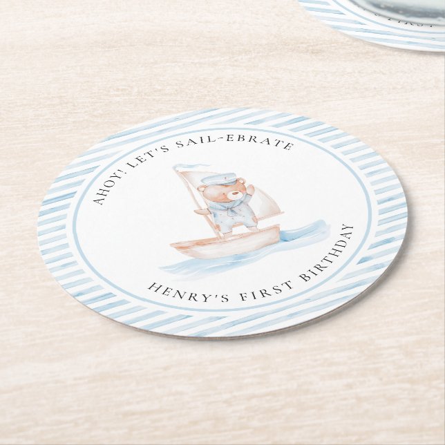 Sailor Bear Blue Stripe Birthday Round Paper Coaster (Angled)