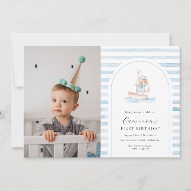 Sailor Bear Blue Stripe Photo First Birthday Invitation (Front)